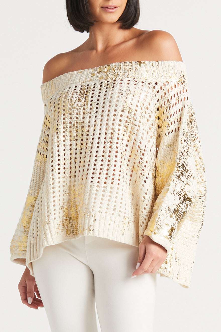 Cotton Metallic Crochet Boatneck Sweater - Stone/Gold - PLANET by Lauren G - Flyclothing LLC