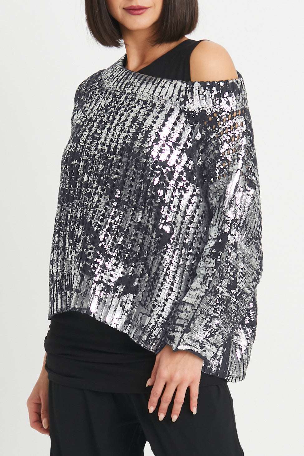 Cotton Metallic Crochet Boatneck Sweater - Manatee/Silver - PLANET by Lauren G - Flyclothing LLC