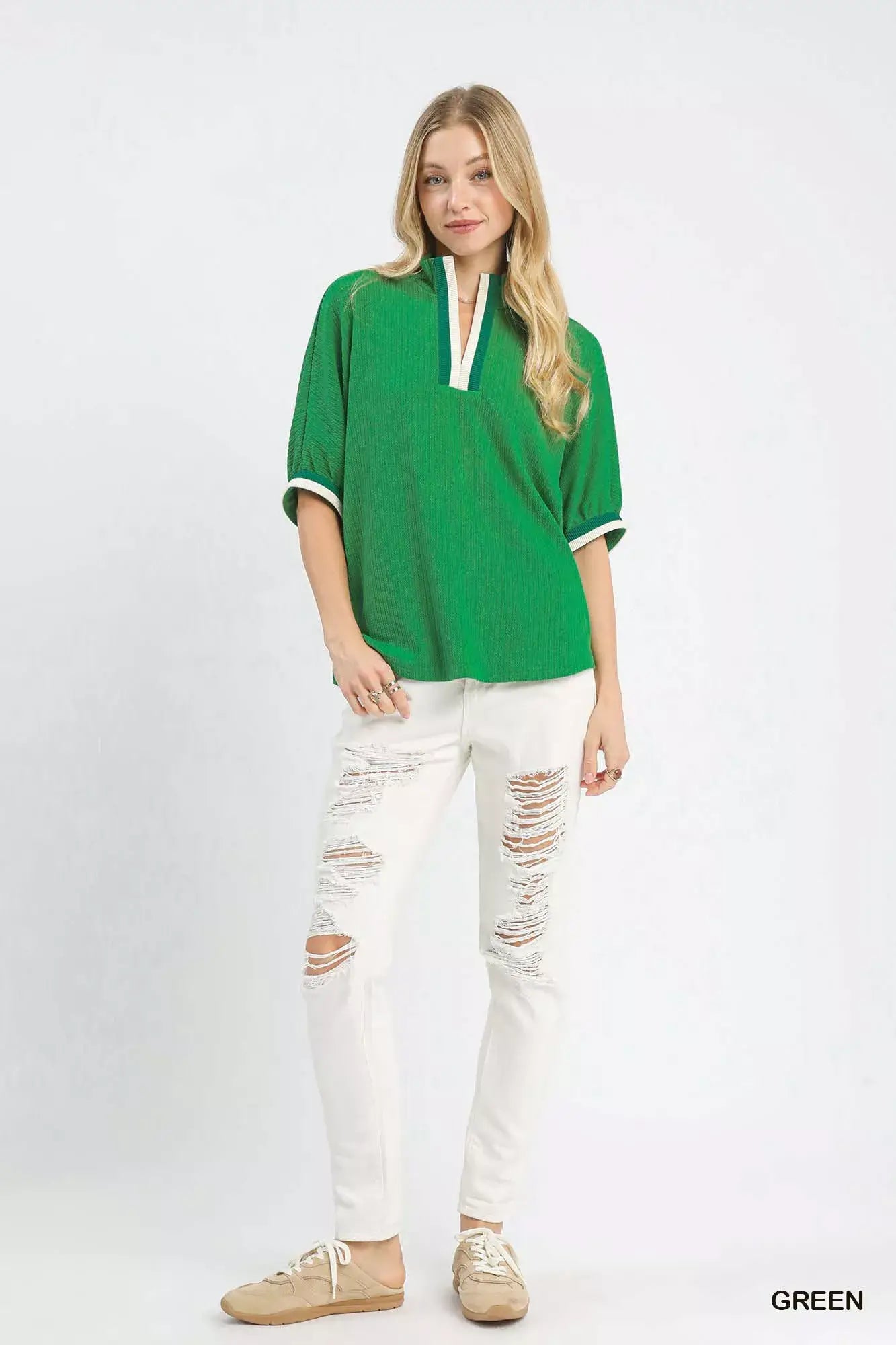 Umgee Textured Knit Top with Striped Contrast Trim - Trendsi - Flyclothing LLC