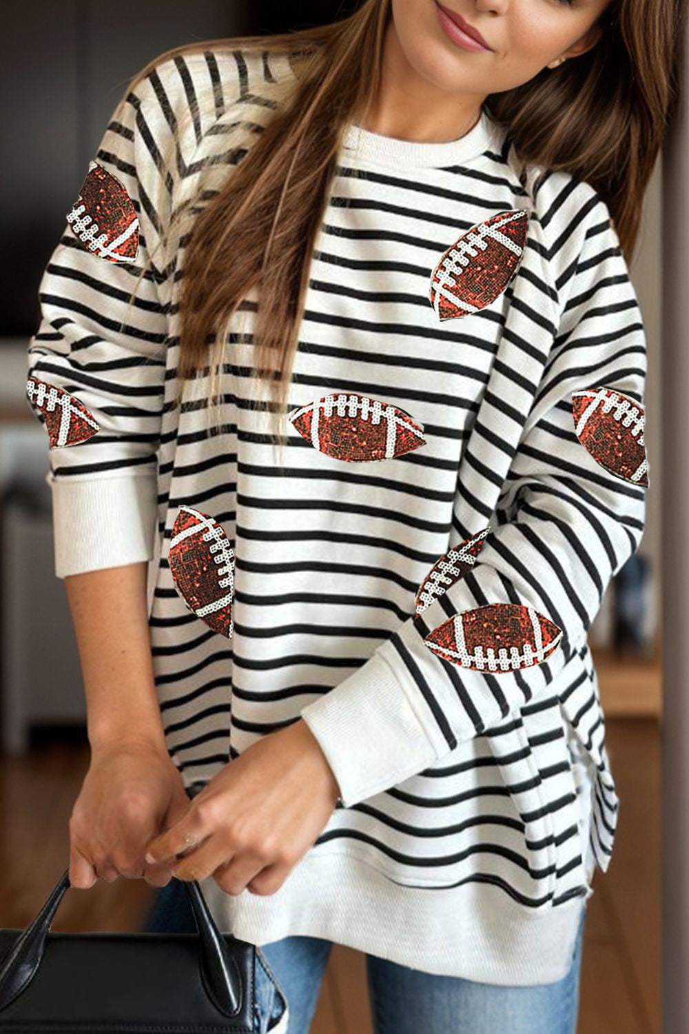 Sequin Football Striped Long Sleeve Sweatshirt - Trendsi - Flyclothing LLC