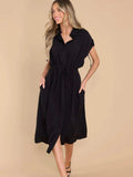 Drawstring Collared Neck Short Sleeve Midi Dress - Trendsi - Flyclothing LLC