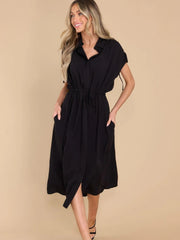 Drawstring Collared Neck Short Sleeve Midi Dress - Trendsi