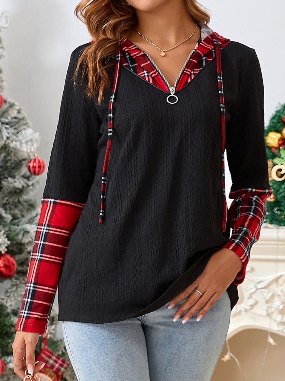 Plaid Quarter Zip Hooded T-Shirt - Trendsi