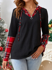 Plaid Quarter Zip Hooded T-Shirt - Trendsi