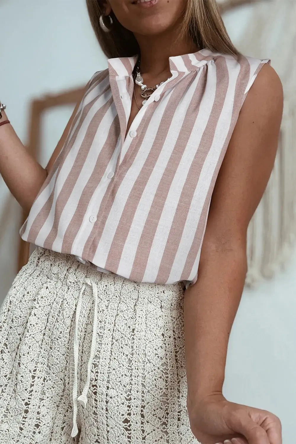 Stripe Button Down Sleeveless Shirt - Trendsi - Flyclothing LLC