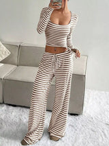 Striped Long Sleeve Crop Top and Wide Leg Pants Set - Trendsi - Flyclothing LLC