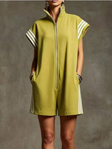 Striped Zip Front Short Sleeve Romper - Trendsi - Flyclothing LLC
