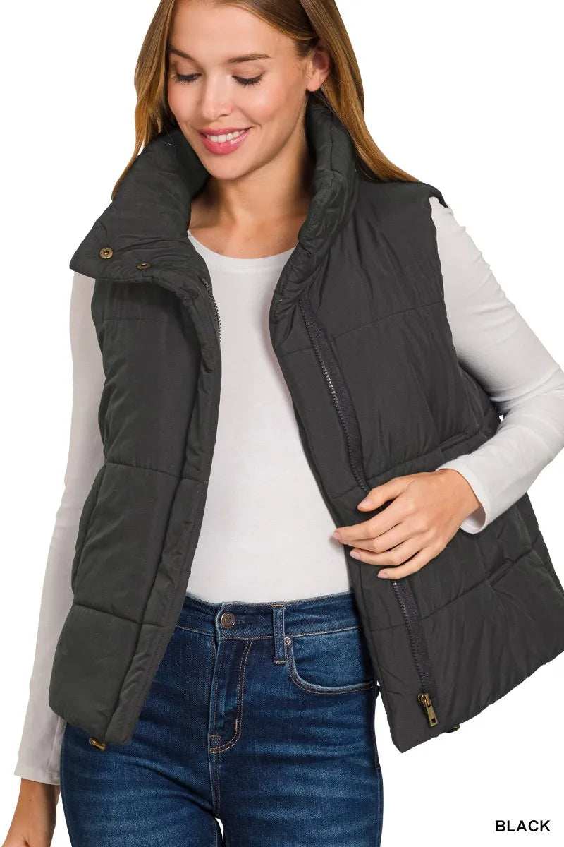 Zenana High Neck Zip-Up Vest Coat - Trendsi - Flyclothing LLC