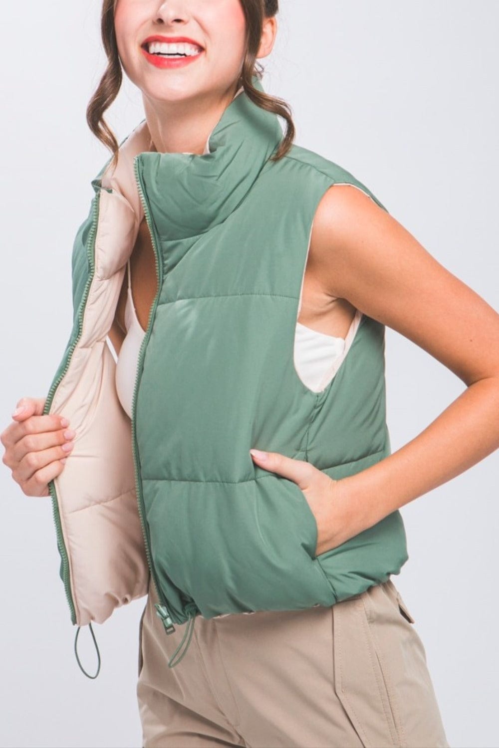 Love Tree Zip Up Cropped Contrast Reversible Vest - Trendsi