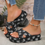 Checkered Raw Hem Open Toe Platform Sandals - Trendsi - Flyclothing LLC