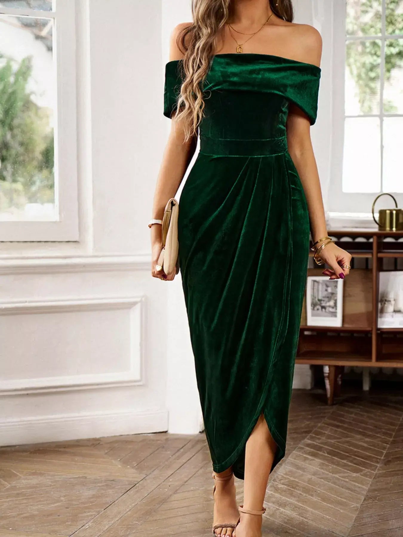 Velvet Off-Shoulder Ruched Midi Dress - Trendsi - Flyclothing LLC