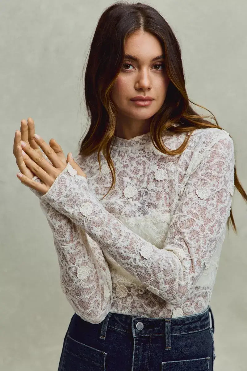 SO ME Lace Long Sleeve 3d Effect Floral Layering Top - Trendsi - Flyclothing LLC