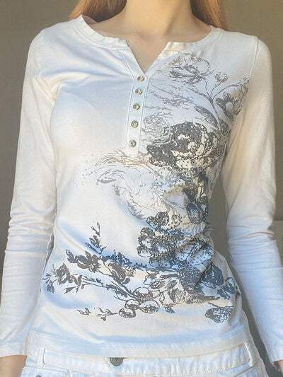 Printed Notched Long Sleeve T-Shirt - Trendsi - Flyclothing LLC