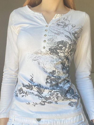 Printed Notched Long Sleeve T-Shirt - Trendsi