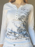 Printed Notched Long Sleeve T-Shirt - Trendsi