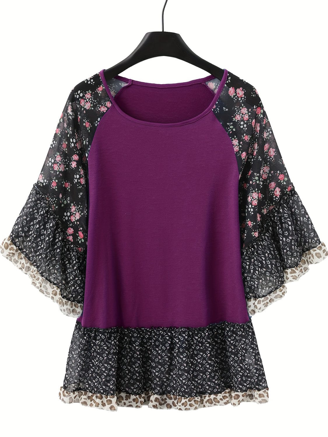 Full Size Frill Printed Round Neck Half Sleeve Blouse - Trendsi