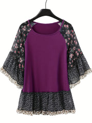Full Size Frill Printed Round Neck Half Sleeve Blouse - Trendsi