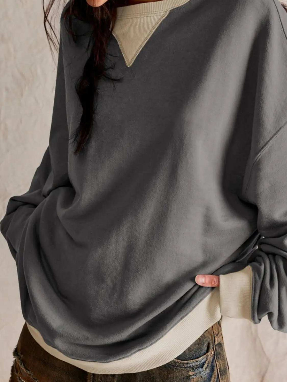 Contrast Dropped Shoulder Long Sleeve Sweatshirt - Trendsi - Flyclothing LLC