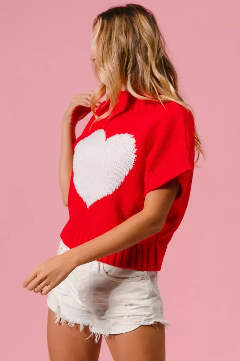 BiBi Rib Banded Heart Pattern Valentines Sweater - Trendsi - Flyclothing LLC