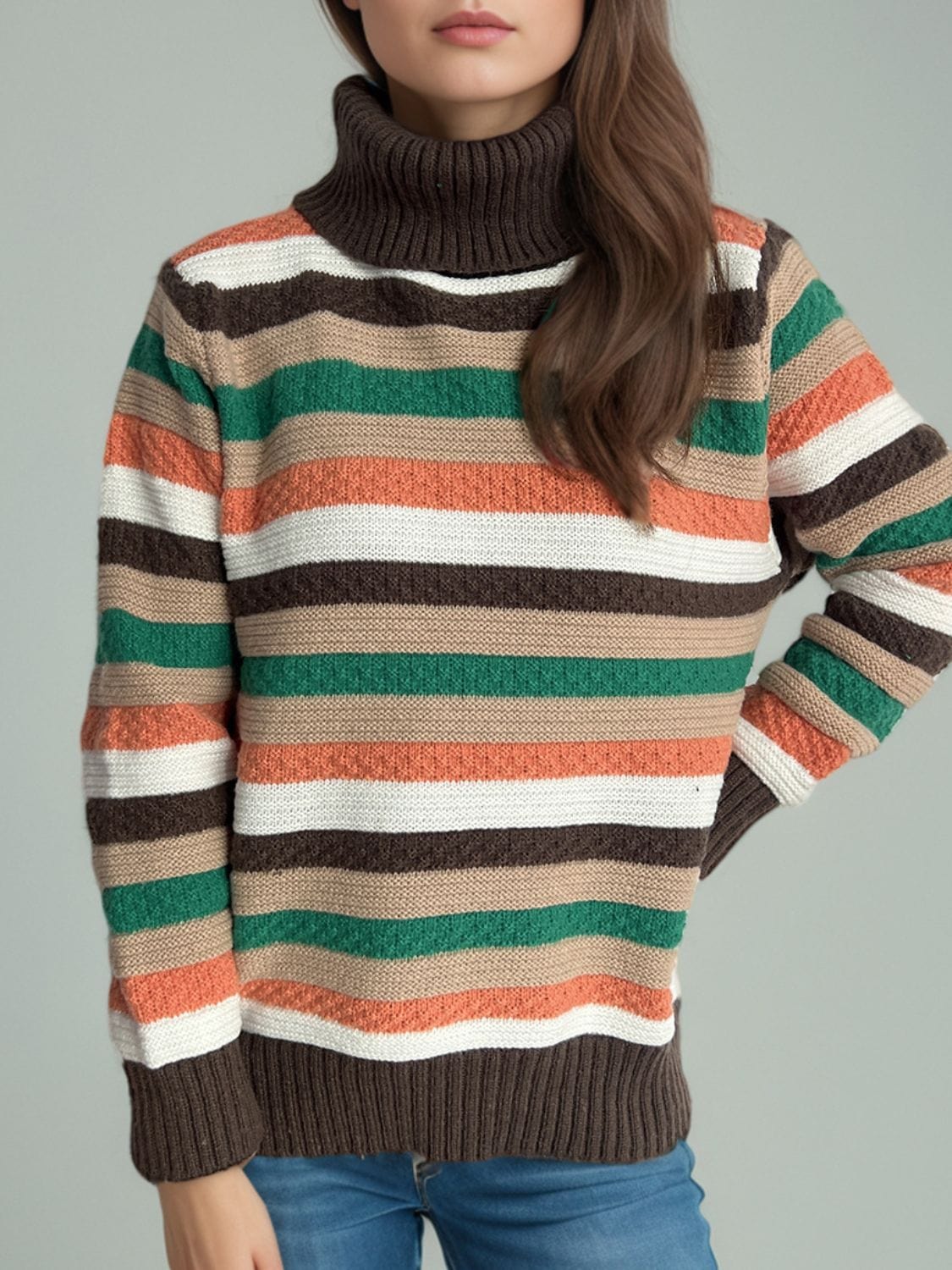 Contrast Stripes Turtleneck Long Sleeve Sweater - Trendsi