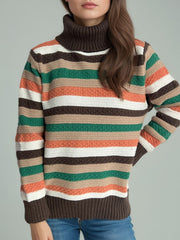 Contrast Stripes Turtleneck Long Sleeve Sweater - Trendsi