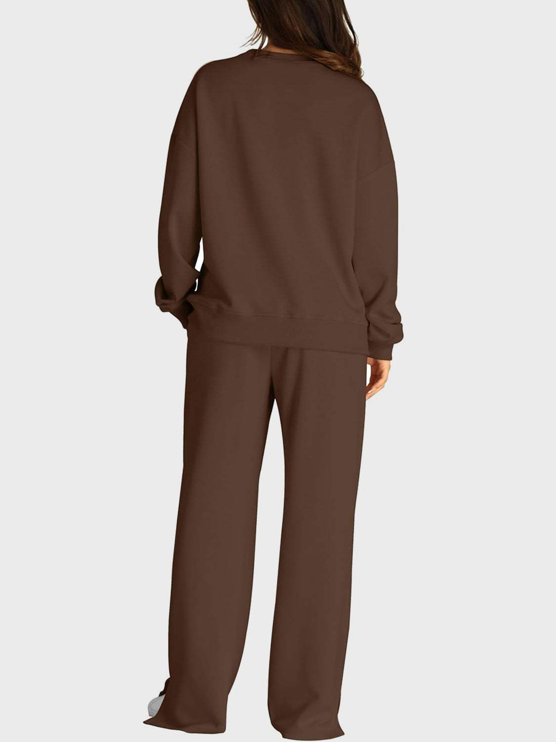 Round Neck Long Sleeve Top and Slit Pants Set - Trendsi - Flyclothing LLC