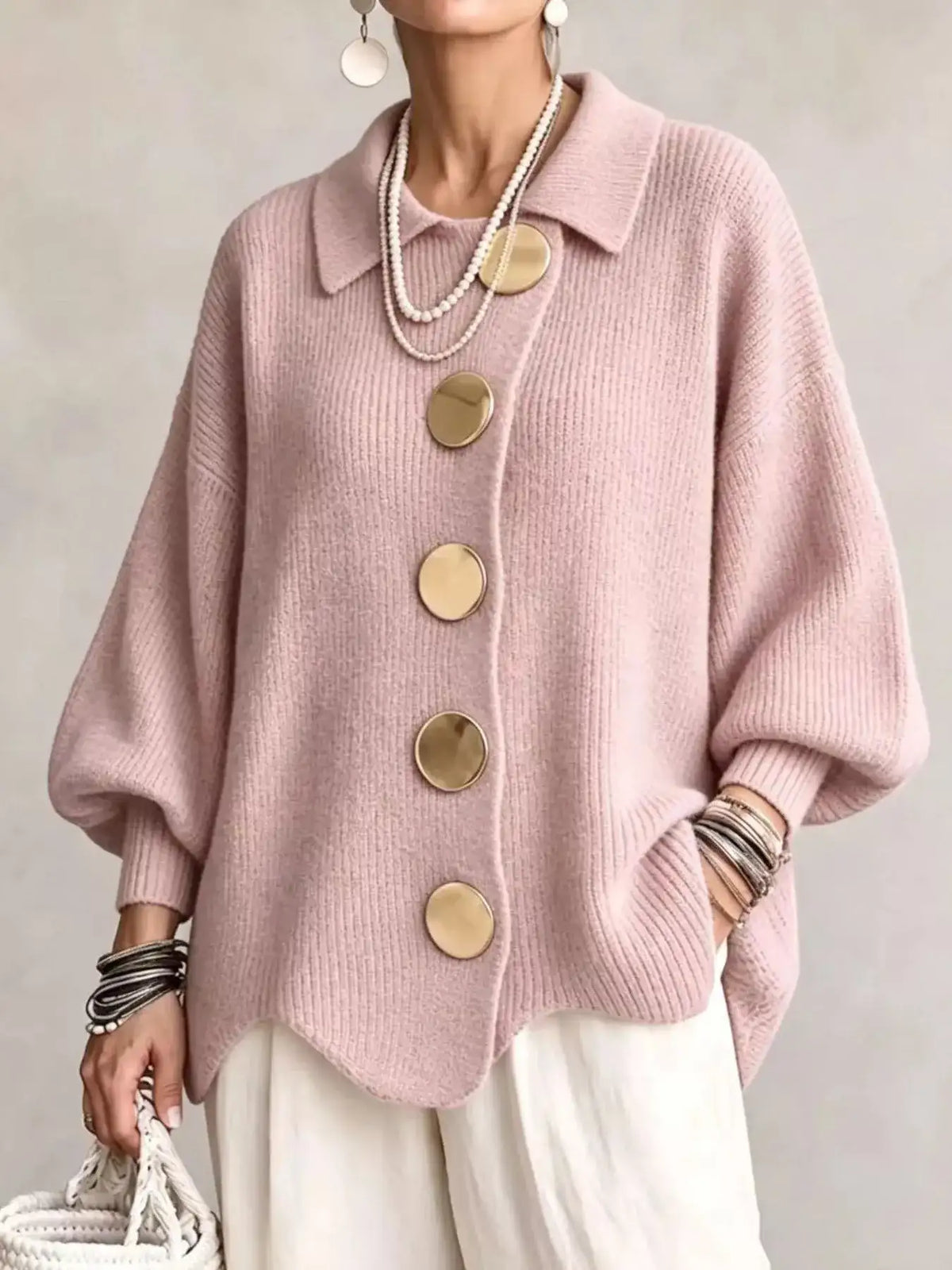 Full Size Gold Buttons Lantern Sleeve Cardigan Plus Size - Trendsi - Flyclothing LLC