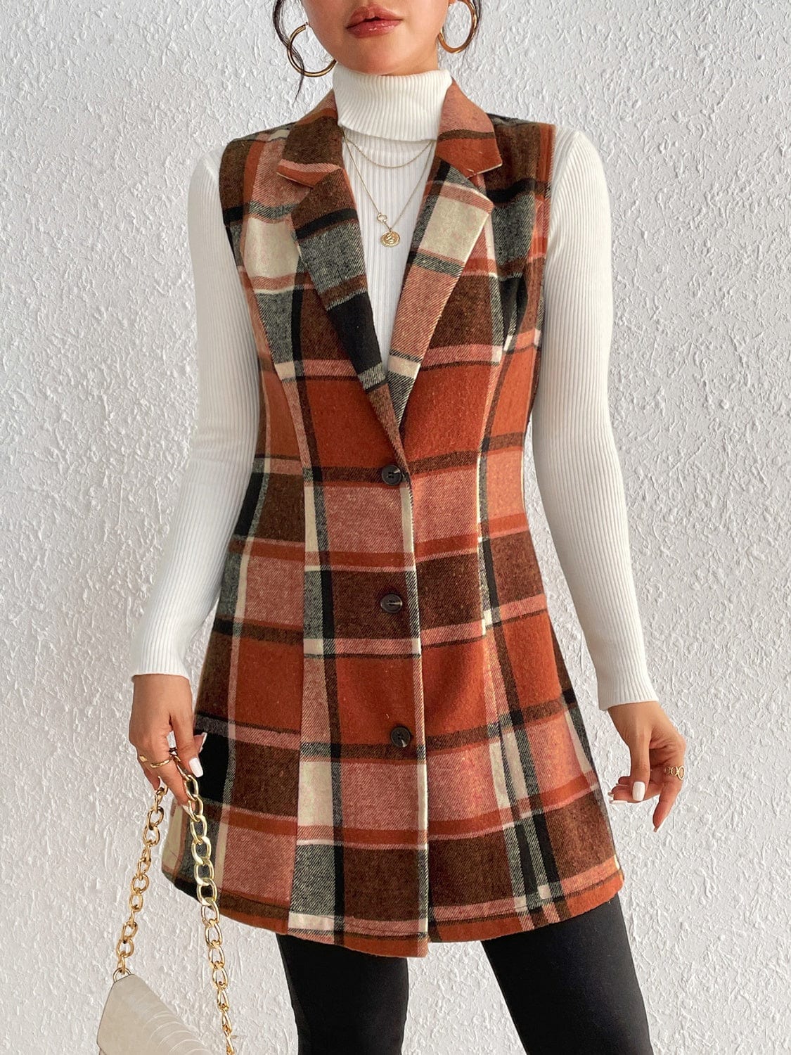 Honey Plaid Button Up Vest Coat - Trendsi
