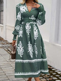 Devine Printed Surplice Lantern Sleeve Midi Dress - Trendsi - Flyclothing LLC