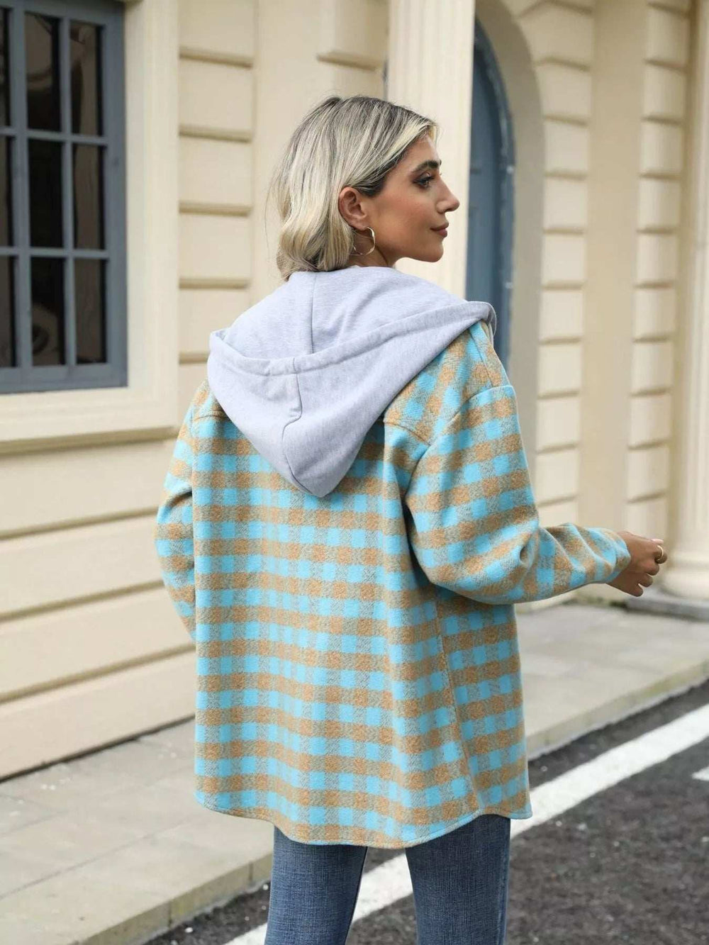 Plaid Button Up Long Sleeve Drawstring Hooded Jacket - Trendsi - Flyclothing LLC