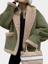 Fuzzy Collared Neck Long Sleeve Jacket - Trendsi - Flyclothing LLC