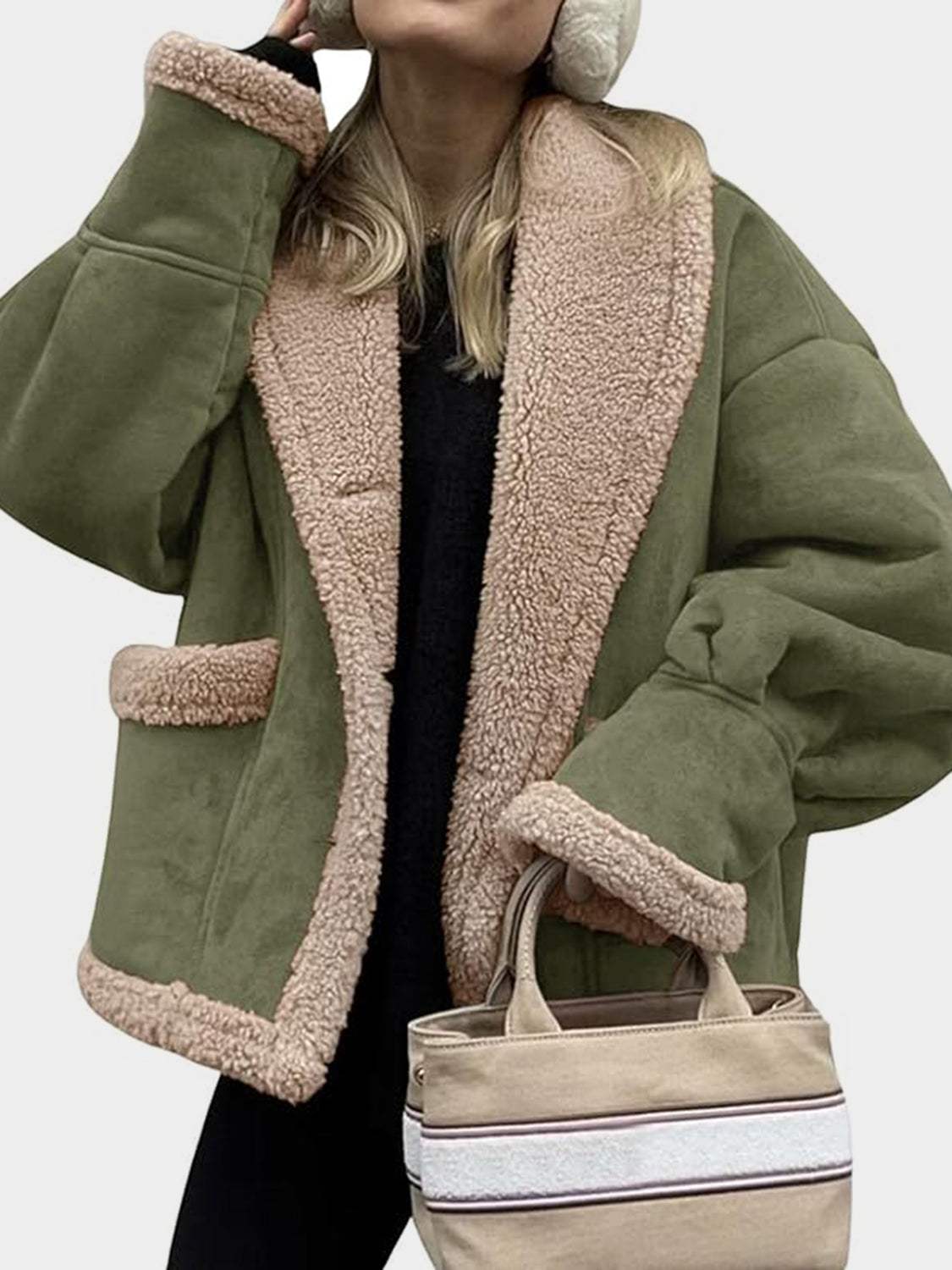 Fuzzy Collared Neck Long Sleeve Jacket - Trendsi - Flyclothing LLC