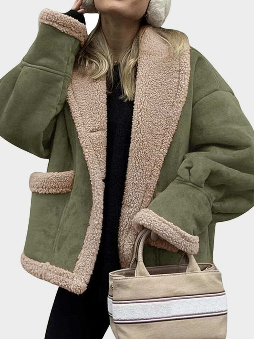 Fuzzy Collared Neck Long Sleeve Jacket - Trendsi - Flyclothing LLC