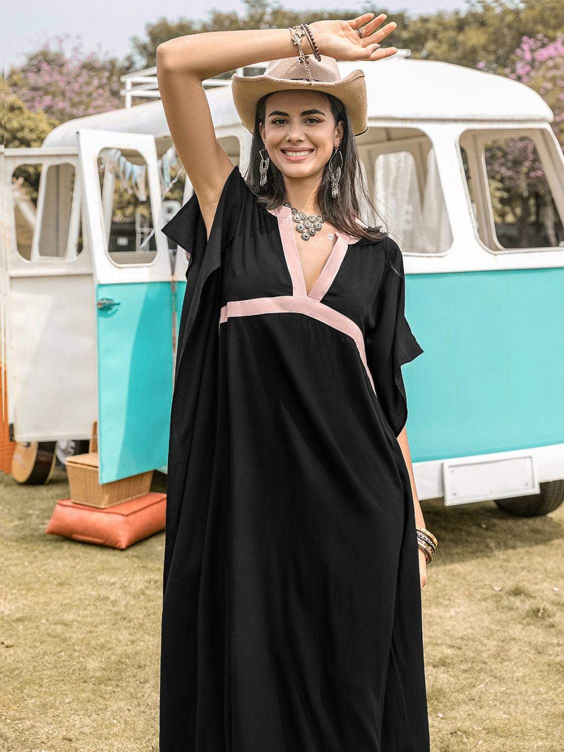 Contrast Trim Notched Slit Short Sleeve Midi Dress - Trendsi - Flyclothing LLC