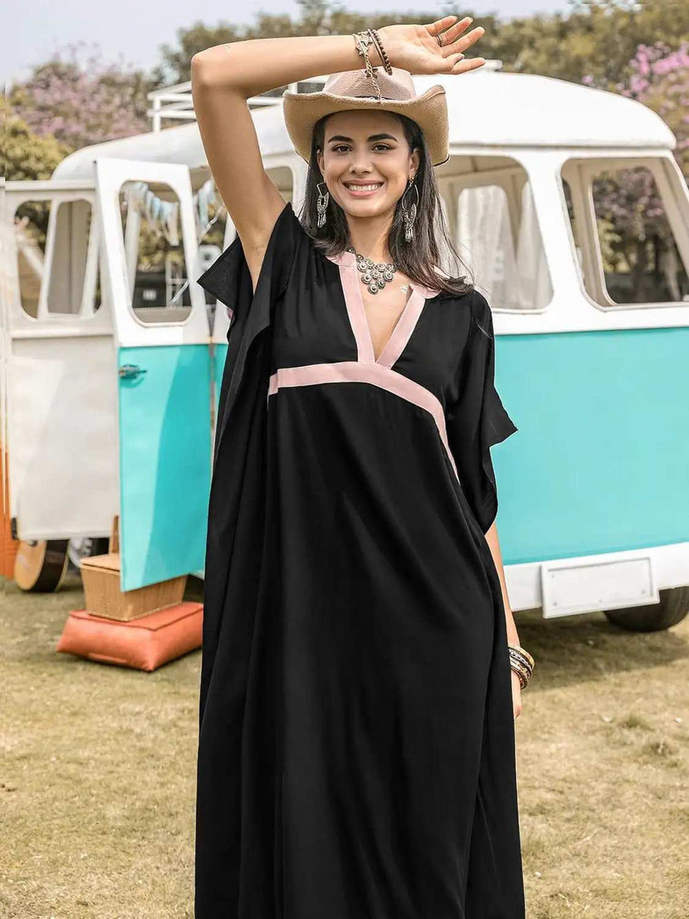 Contrast Trim Notched Slit Short Sleeve Midi Dress - Trendsi - Flyclothing LLC