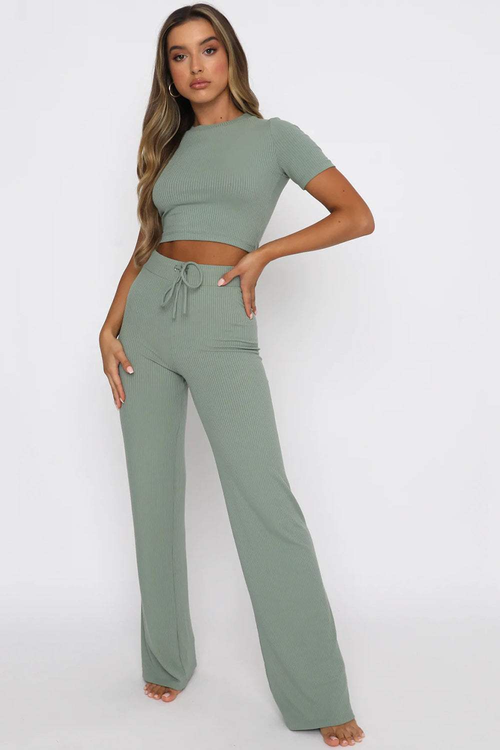 Round Neck Short Sleeve Top and Pants Set - Trendsi - Flyclothing LLC