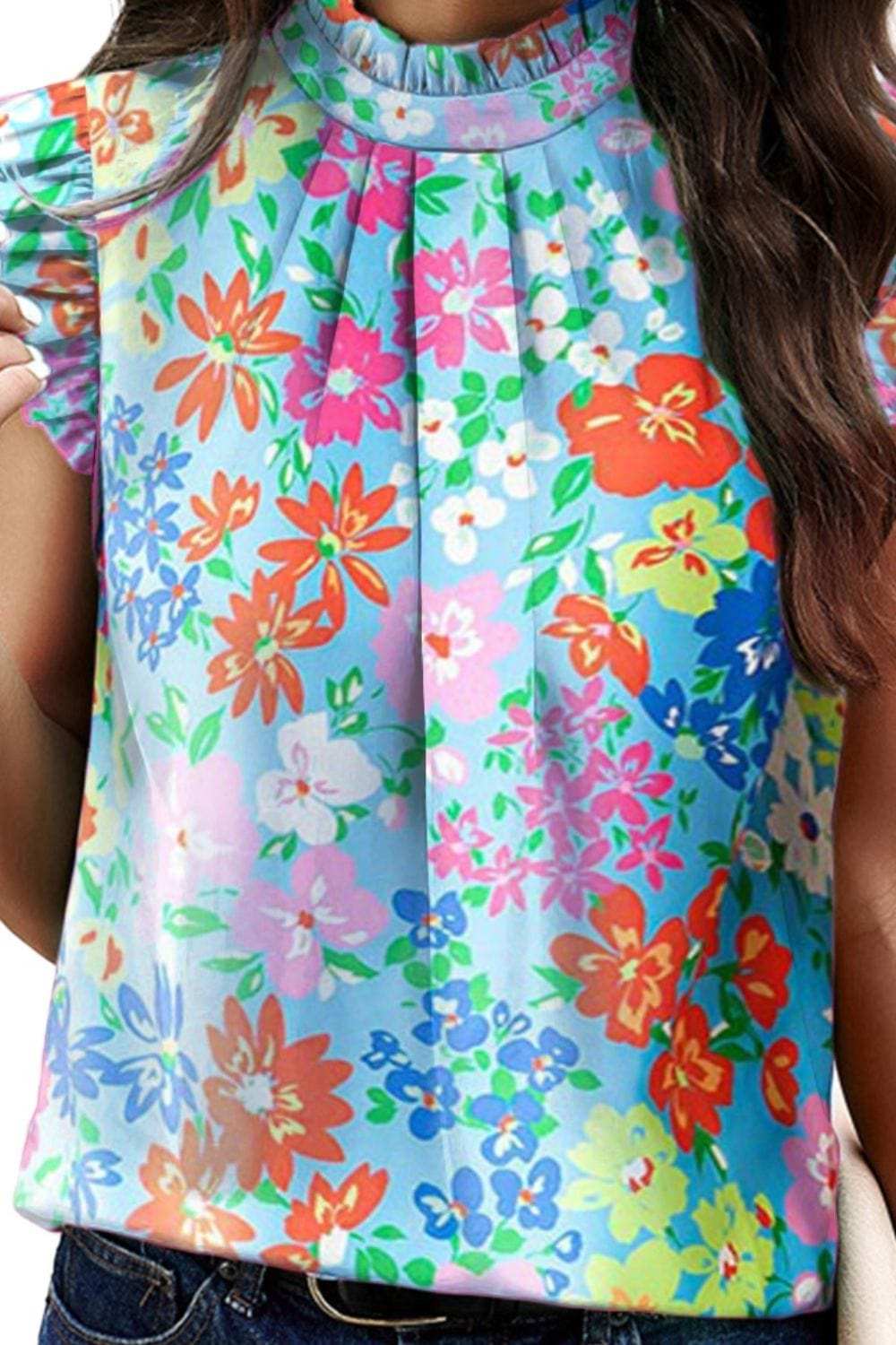 Ruffled Printed Mock Neck Cap Sleeve Blouse - Trendsi - Flyclothing LLC