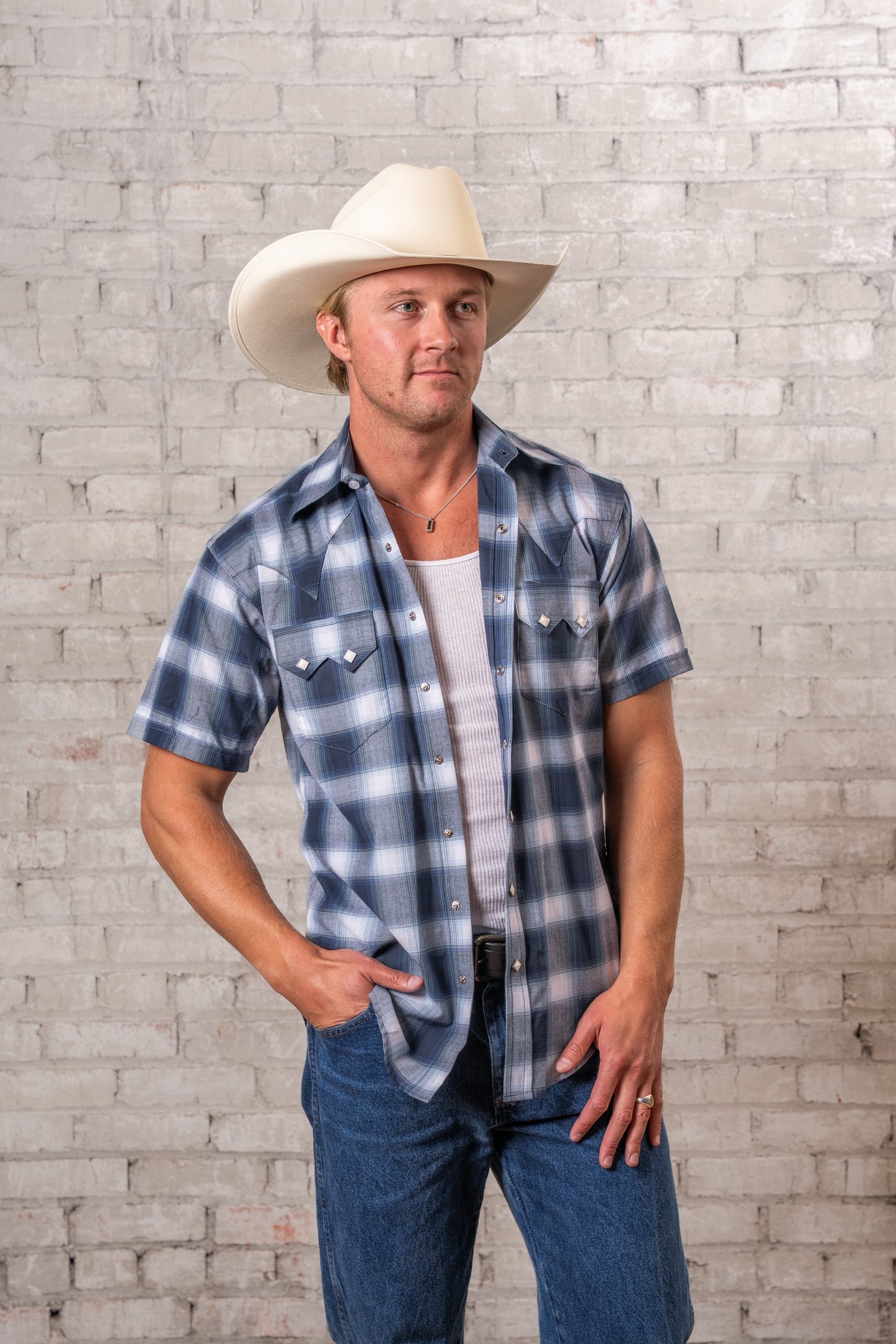 Rockmount Ranch Wear Men's Blue & White Shadow Plaid Short Sleeve Western Shirt - Rockmount Clothing - Flyclothing LLC
