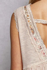 POL Lace Detail Ruffled Ribbed Sleeveless Top with Floral Pattern Trim Detail - Trendsi - Flyclothing LLC