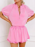 Half Zip Puff Sleeve Top and Ruffled Shorts Set - Trendsi