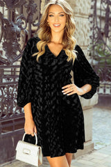 V-Neck Three-Quarter Sleeve Velvet Mini Dress - Trendsi - Flyclothing LLC