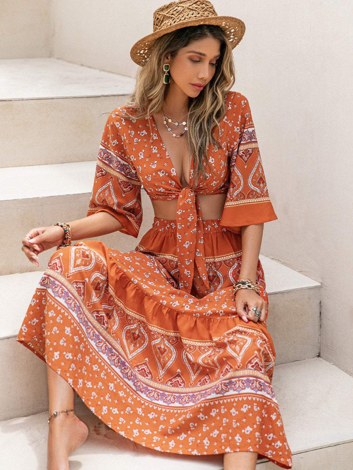 Printed Plunge Half Sleeve Top and Skirt Set - Trendsi - Flyclothing LLC