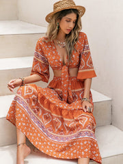 Printed Plunge Half Sleeve Top and Skirt Set - Trendsi