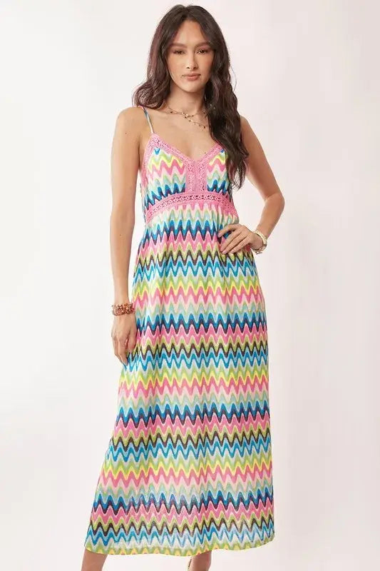 Davi & Dani Multi Color Crochet Lace Midi Dress - Trendsi - Flyclothing LLC