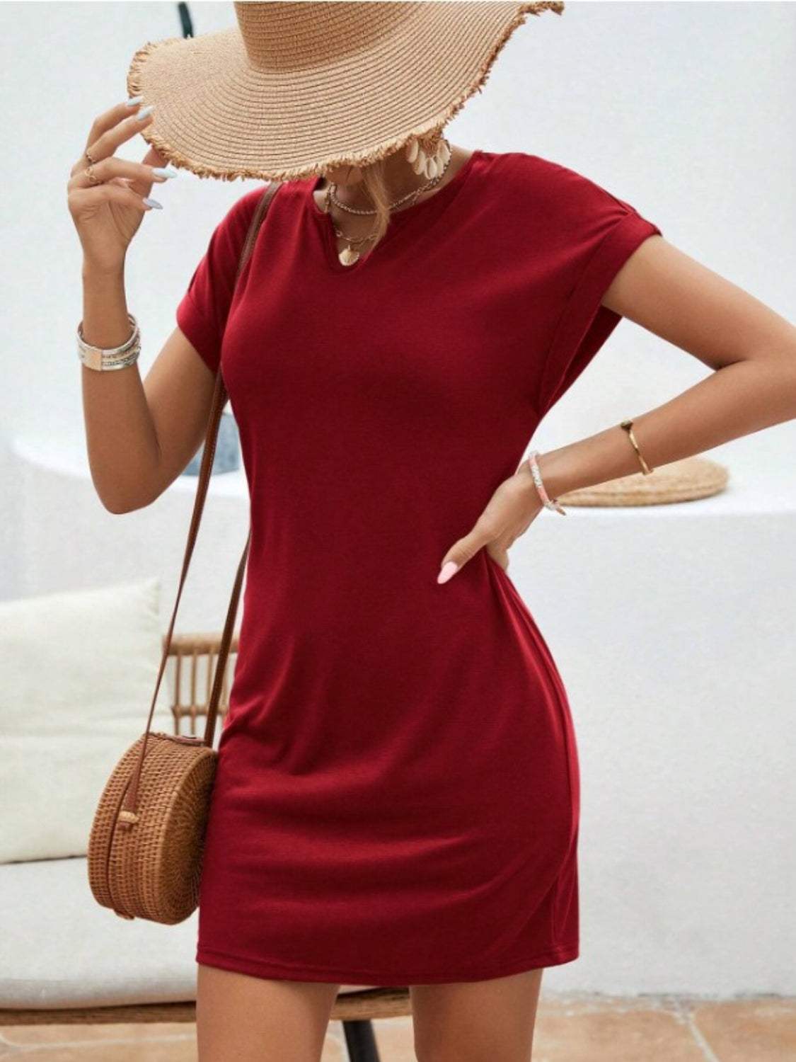 Notched Short Sleeve Mini Tee Dress - Trendsi - Flyclothing LLC