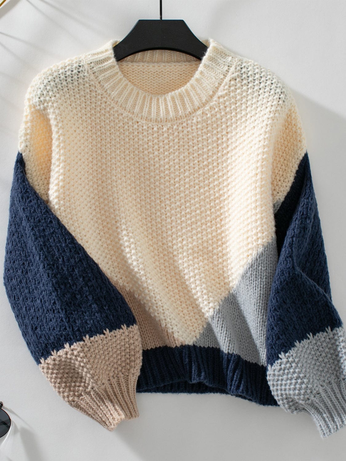 Color Block Round Neck Dropped Shoulder Sweater - Trendsi
