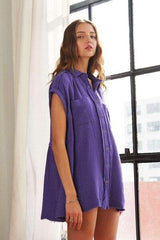 ADORA Raw Hem Collared Neck Button Down Shirt - Trendsi - Flyclothing LLC