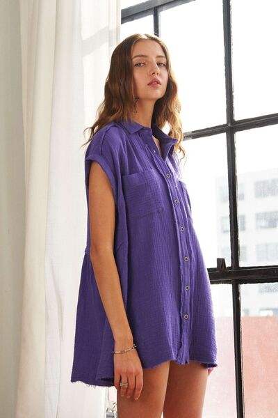 ADORA Raw Hem Collared Neck Button Down Shirt - Trendsi - Flyclothing LLC