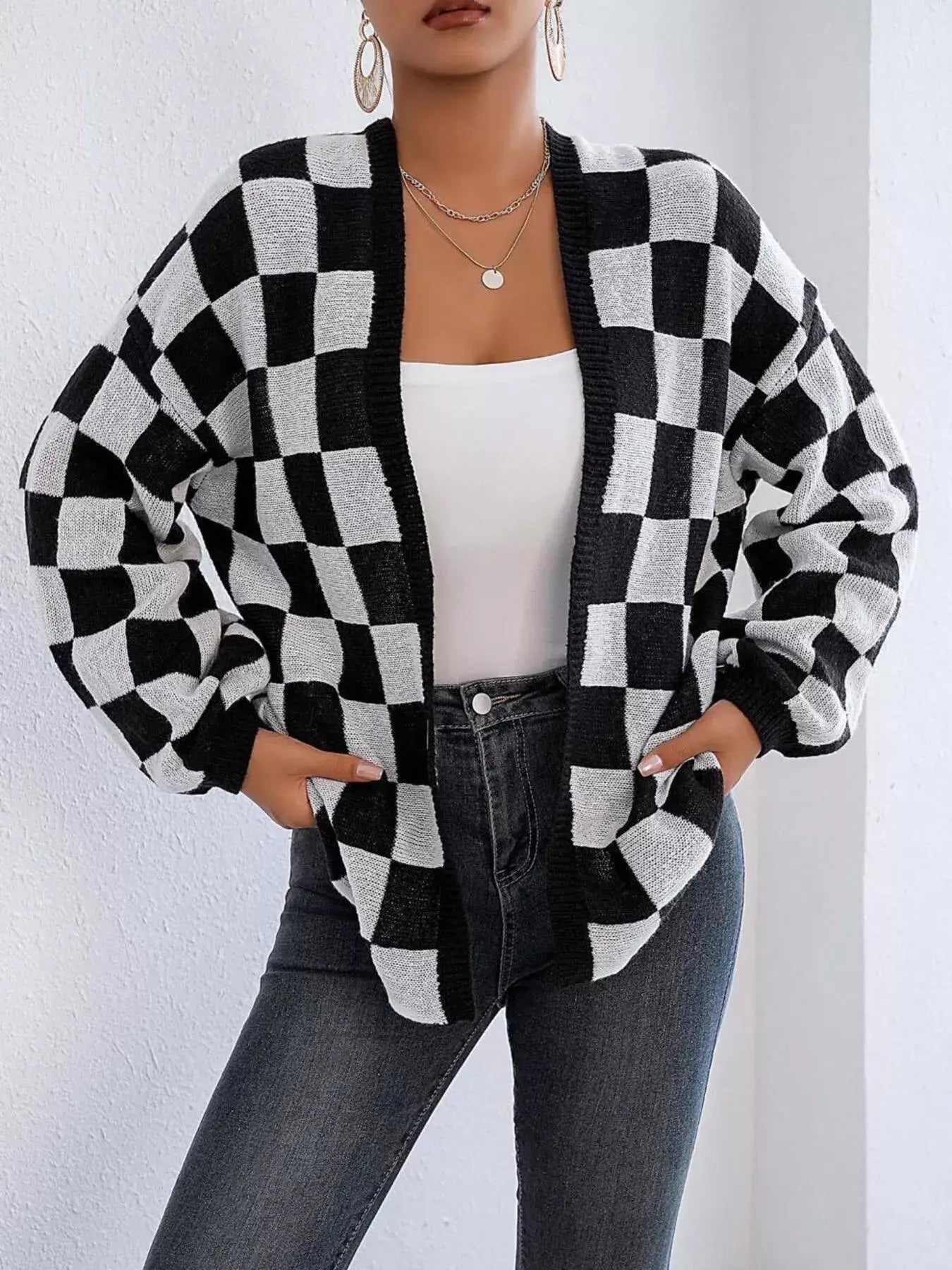 Checkerboard Pattern Open Front Knit Cardigan - Trendsi - Flyclothing LLC