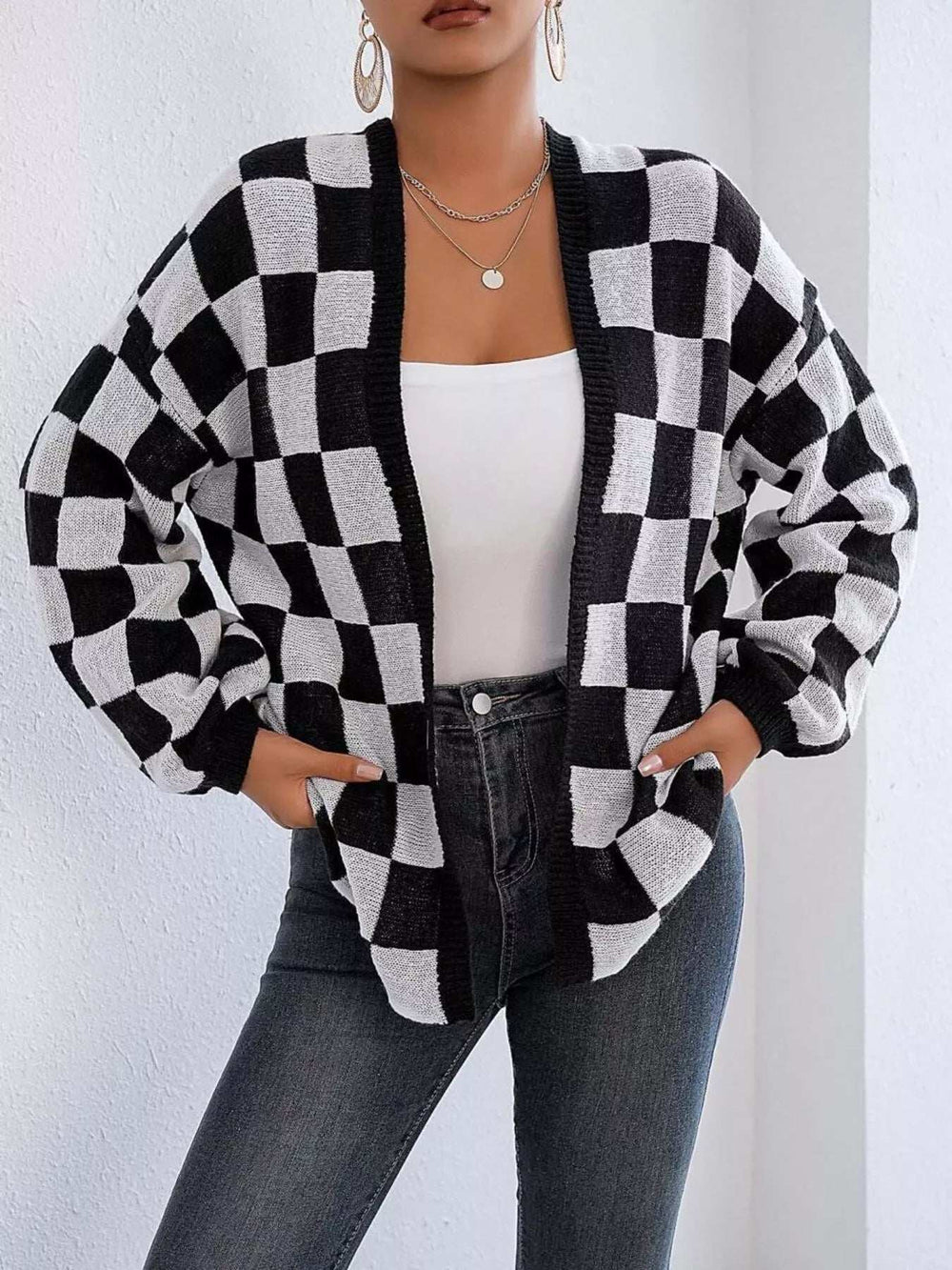 Checkerboard Pattern Open Front Knit Cardigan - Trendsi - Flyclothing LLC